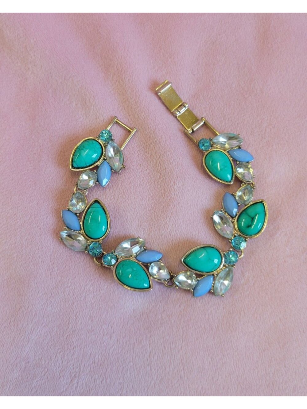 Two-toned Faux Turquoise Blue Rhinestone Costume Jewelry Bracelet B1A